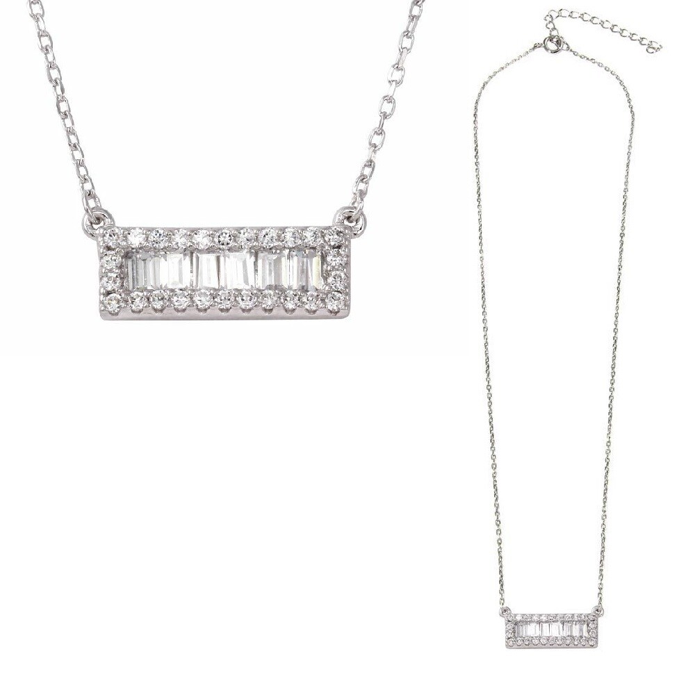 Sterling Silver Necklace w/ Round & Baguette Cut CZ Stones Rectangle Bar Pendant