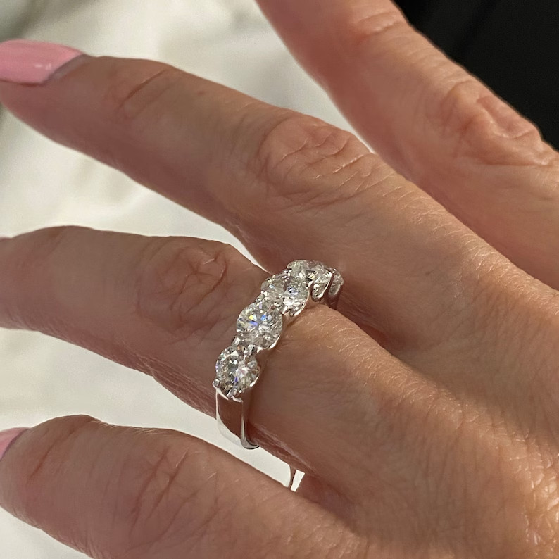 2.50 CTW Diamond Wedding Band, 14k White Gold, Five Stone Ring
