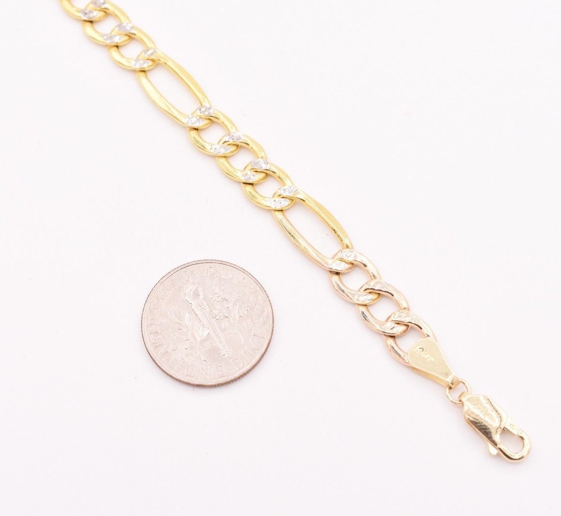 6.5mm Figaro Link Bracelet Pave Two Tone Real Genuine 10K Yellow White Gold