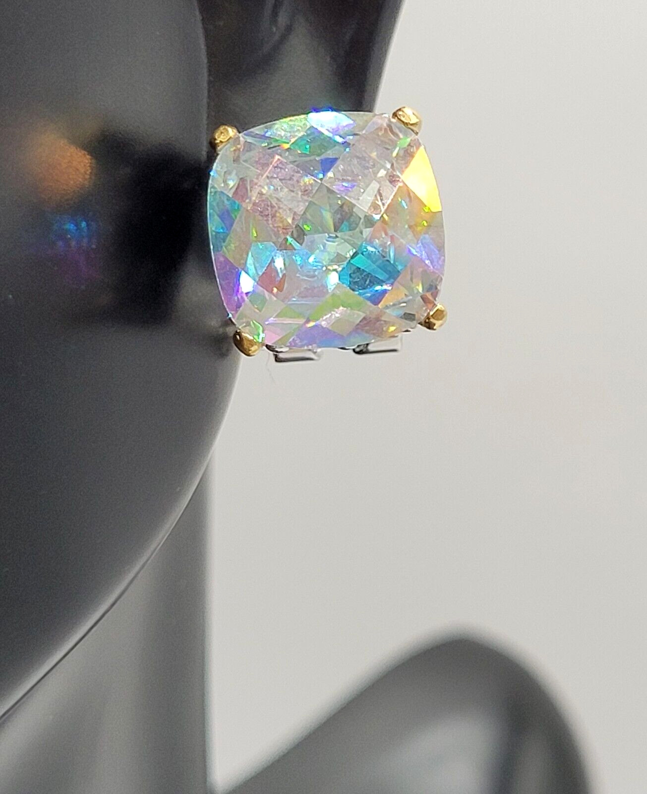 Modern Rainbow AB Crystal Square Stud Two Tone Ornate Frame Pierced Earrings