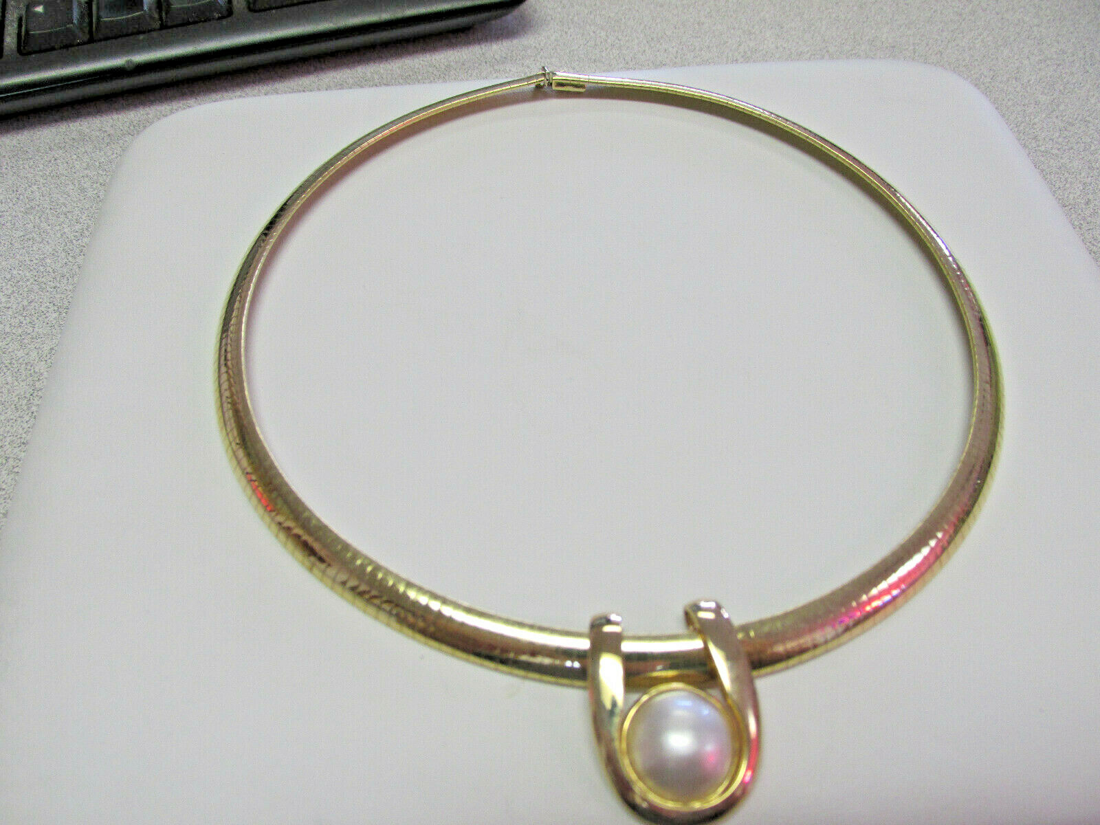 Heavy Duty 17 in. Curved Omega Necklace With Mabe Pearl Slide 14k MAKE OFFER