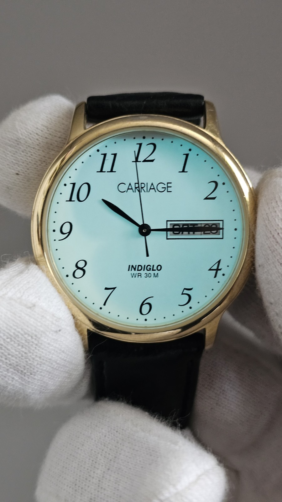 Carriage Day Date Gold Tone Case 35 MM Indiglo White Dial Black Leather Watch