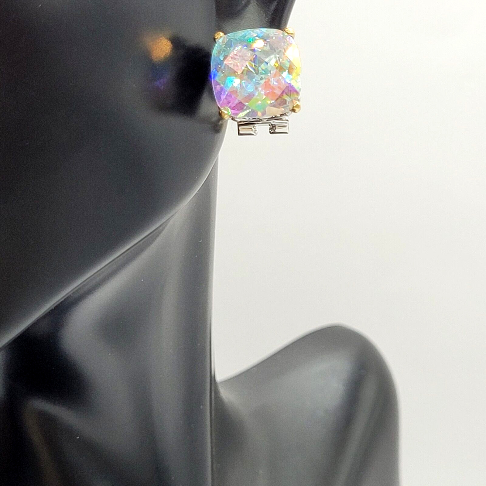 Modern Rainbow AB Crystal Square Stud Two Tone Ornate Frame Pierced Earrings