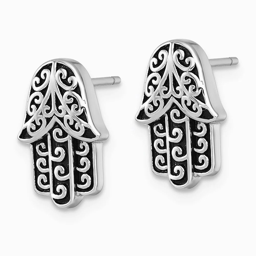 Sterling Silver RH-Plated Polished/Oxidized Filigree Hamsa Post Earrings