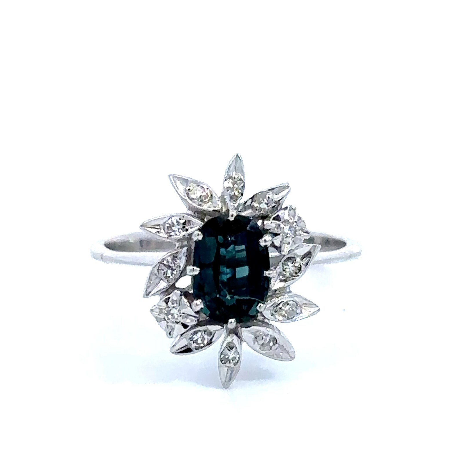 Vintage 14K White Gold Oval Blue Sapphire and Diamond Ring Size 6