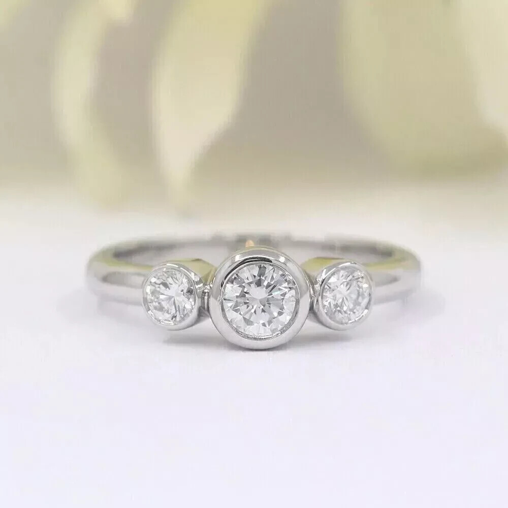 2CT Round-Cut Lab Created Bezel 3Stone Engagement Ring 14K White Gold Plated