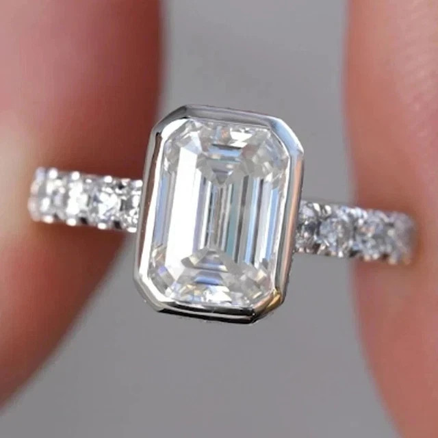 3.50Ct Emerald Cut Moissanite Hidden Halo Engagement Ring 925 Silver 14K Vermeil