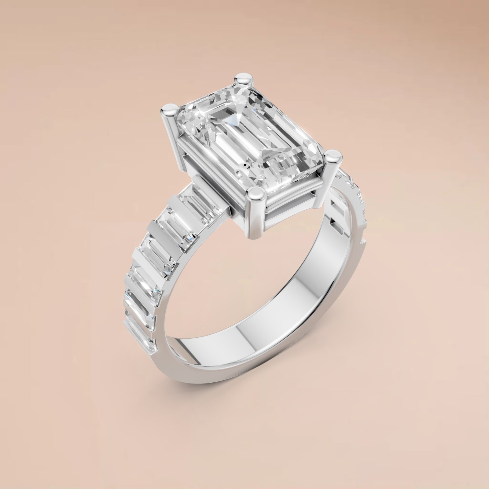 Emerald Cut Lab Grown Diamond Prong Setting Statement Engagement Ring
