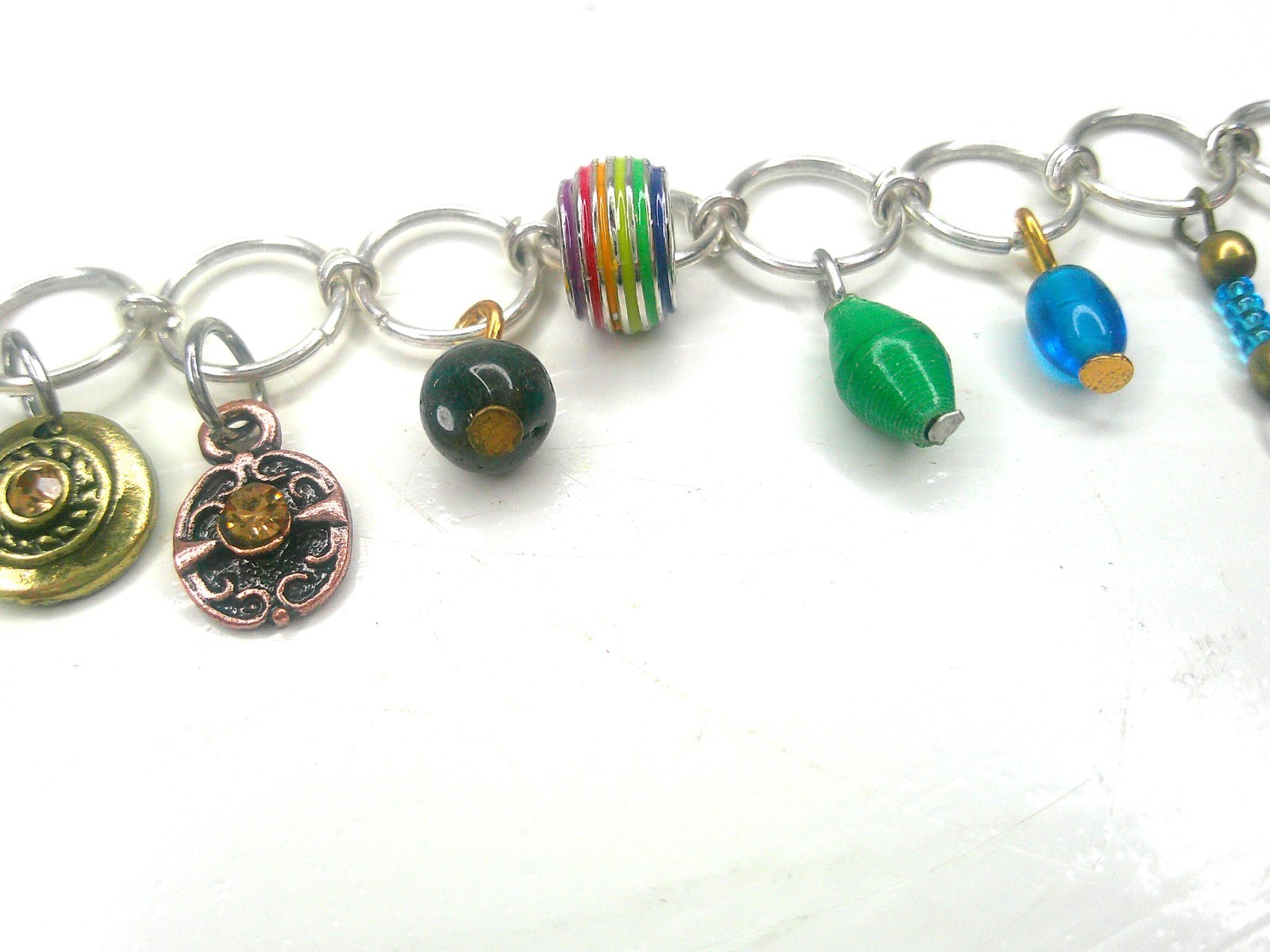 Charm Bracelet Unique Silver tone Upcycled Acrylic Beaded Colorful Petite 6.5 in