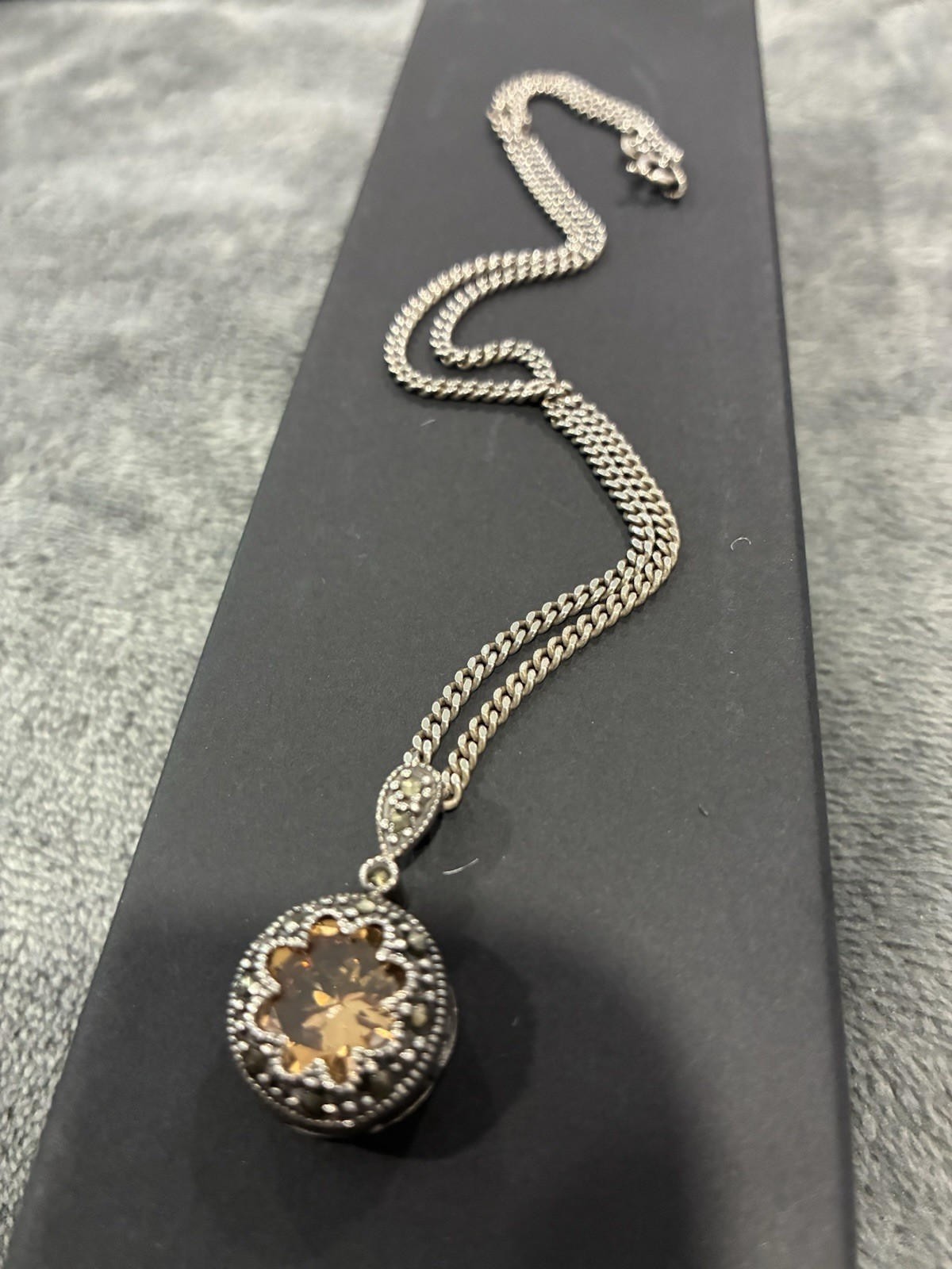 925 Italy Sterling Silver Curb Chain Peach Halo Black Marcasite Pendant Necklace
