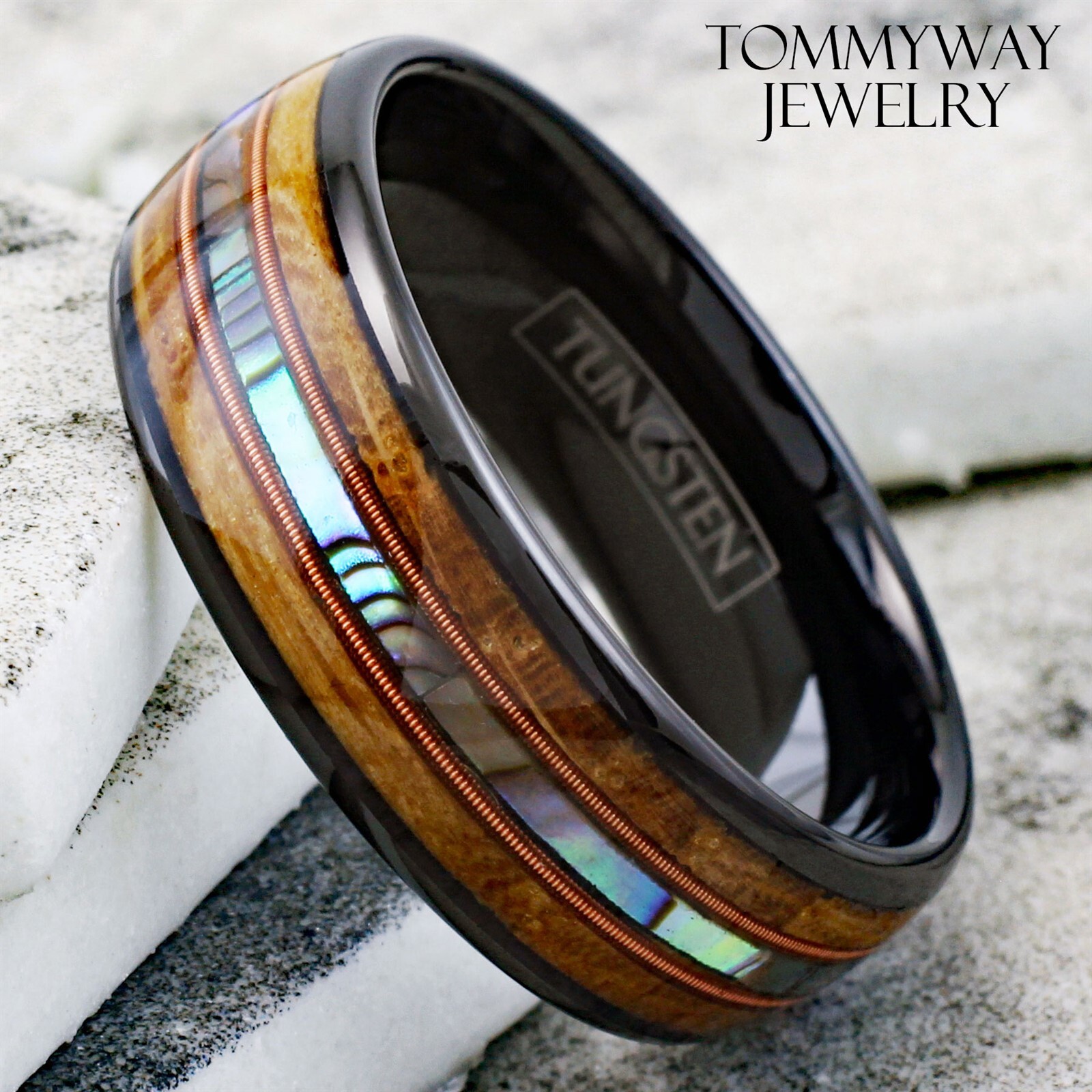 6/8mm Black Tungsten Whiskey Barrel Wood Abalone & Dual Guitar String Men’s Ring