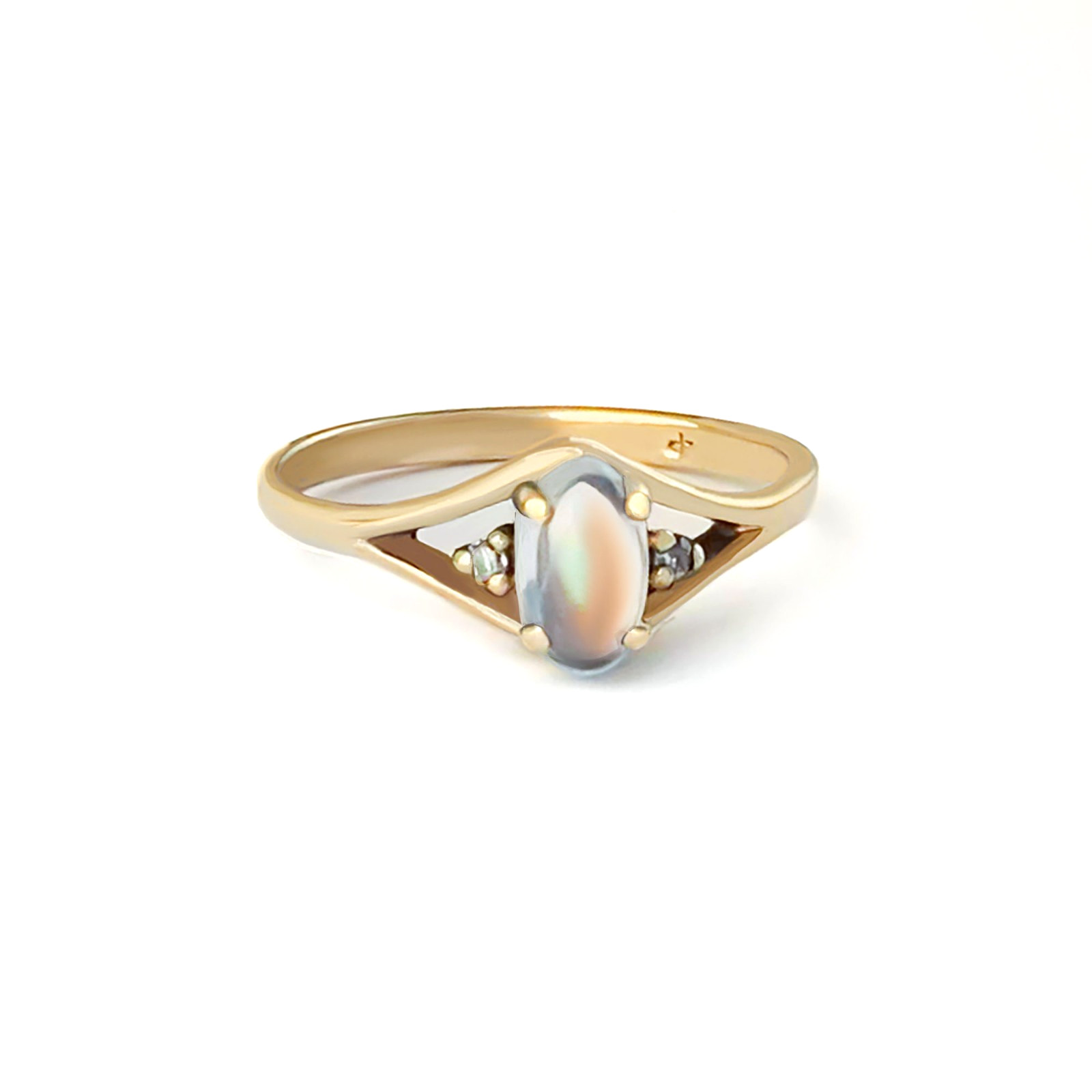Vintage Rainbow Moonstone Diamond Gold Ring, 10k High Quality Moonstone Size 6.5