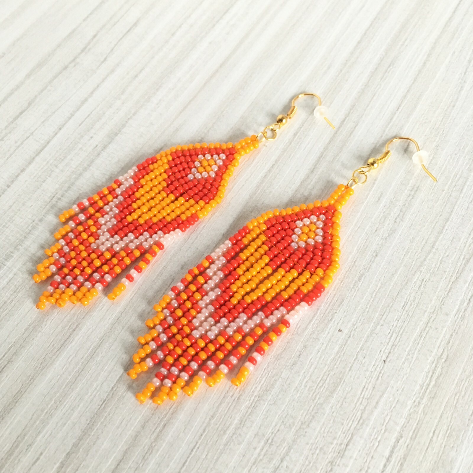 Orange red beaded earrings, Halloween seed bead earrings with fringe
