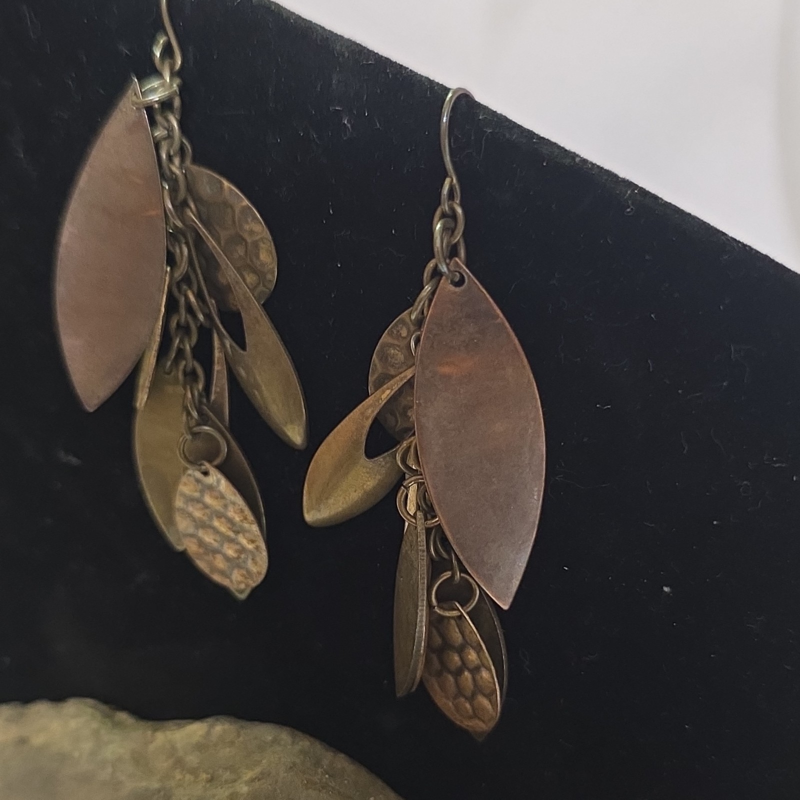 Bronze Tone Leaf Dangle/Drop Hook Earrings, No Stone Metal Pair