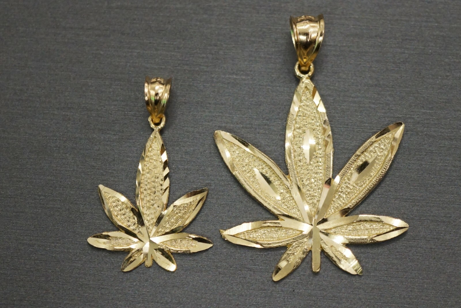 Real 10K Solid Yellow Gold Diamond Cut Flat Marijuana Charm Pendant. 2 Sizes