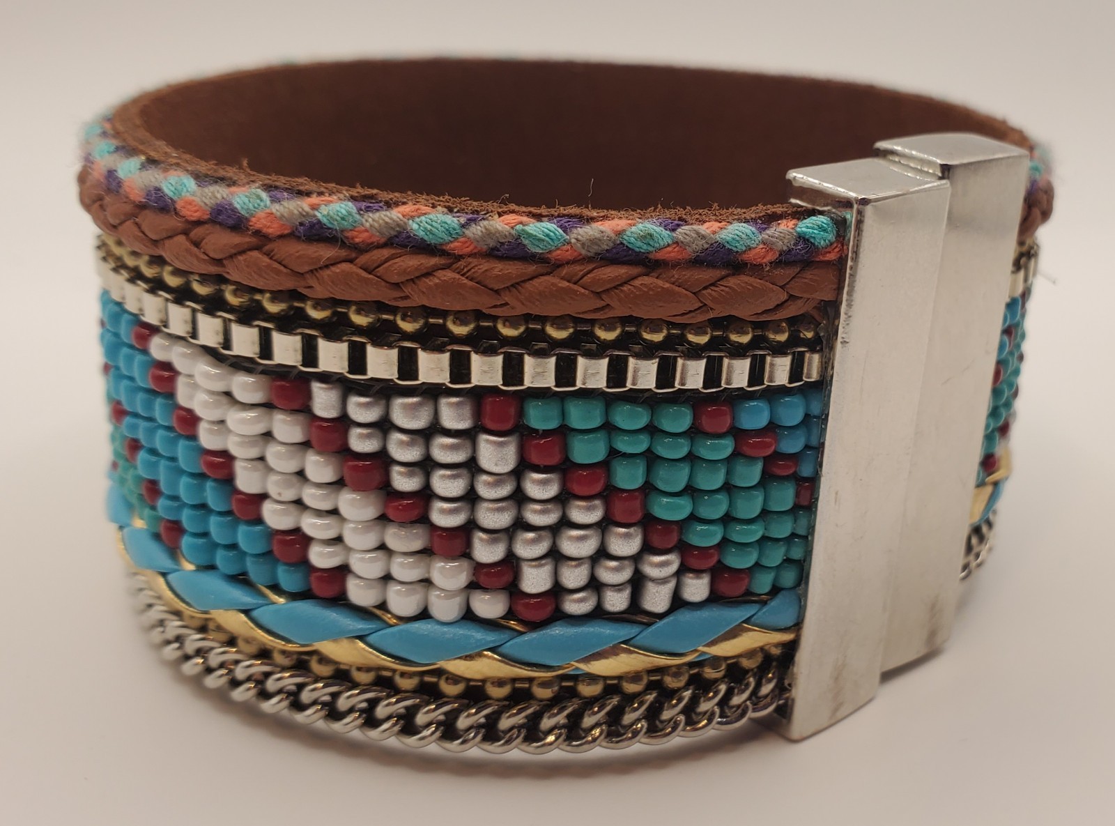 Wide Leather Beaded Southwest Design 8″ Bracelet W/Magnetic Clasp Unisex