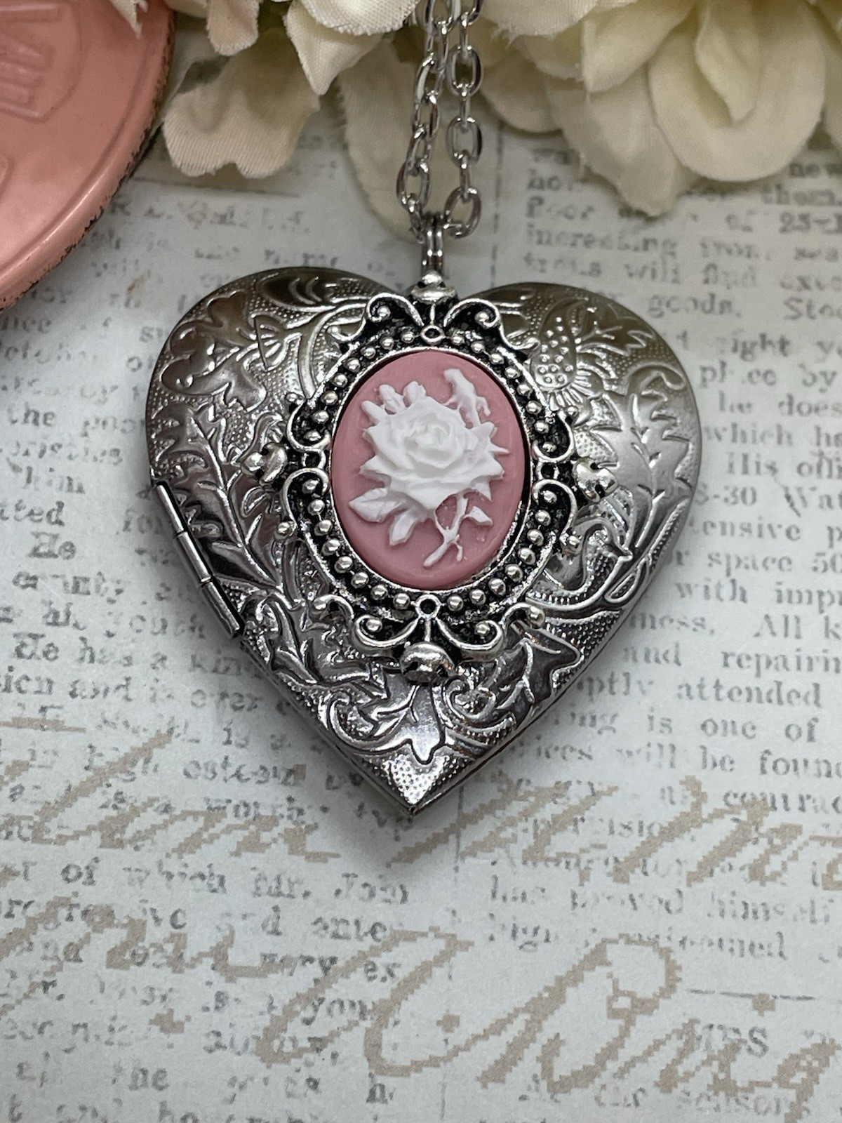 Heart Silver Pink & White Lace Locket Rose Necklace Photo Bride bridal wedding