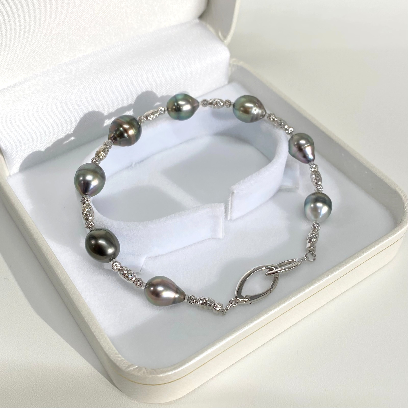 7-9mm Black Green Baroque Tahitian cultured pearl Bracelet sterling sliver,7.6″
