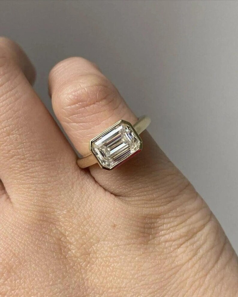 3 Ct Emerald lEast West Moissanite Bezel Engagement 14K Yellow Gold FN Ring
