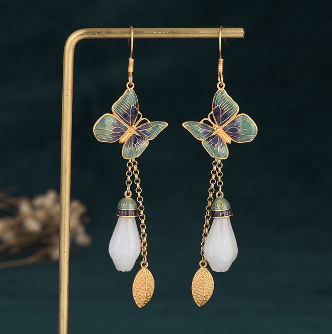 Jade Bohemian Drop Dangle Earrings Flower Butterfly Gemstone 18K Gold Plated