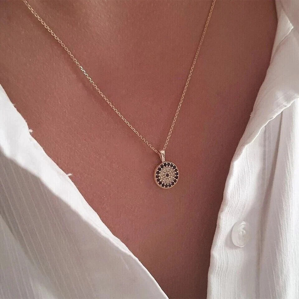 0.30 Ct Simulated Diamond Evil Eye Pendant Necklace in 14K Yellow Gold Plated