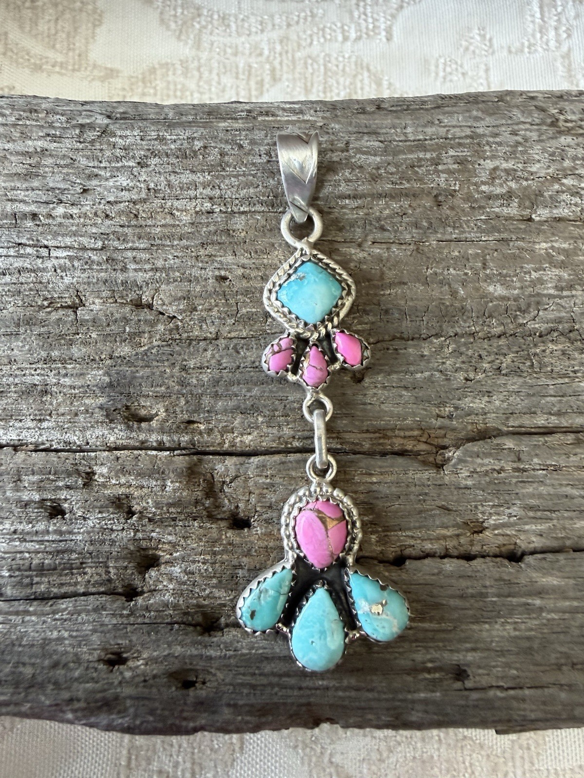 Sterling Silver Native Style SW White Water Turq & Kingman Cotton Candy Pendant
