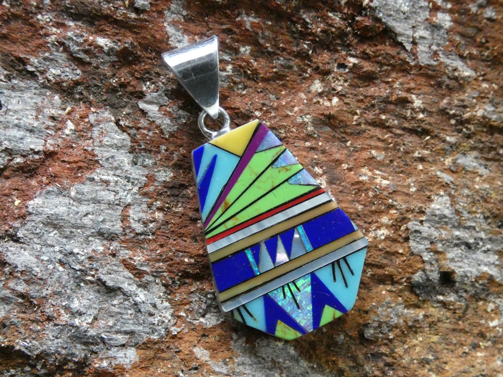 Southwestern Micro Inlay Gemstone Sterling Silver Aluminum Alloy Pendant AT5