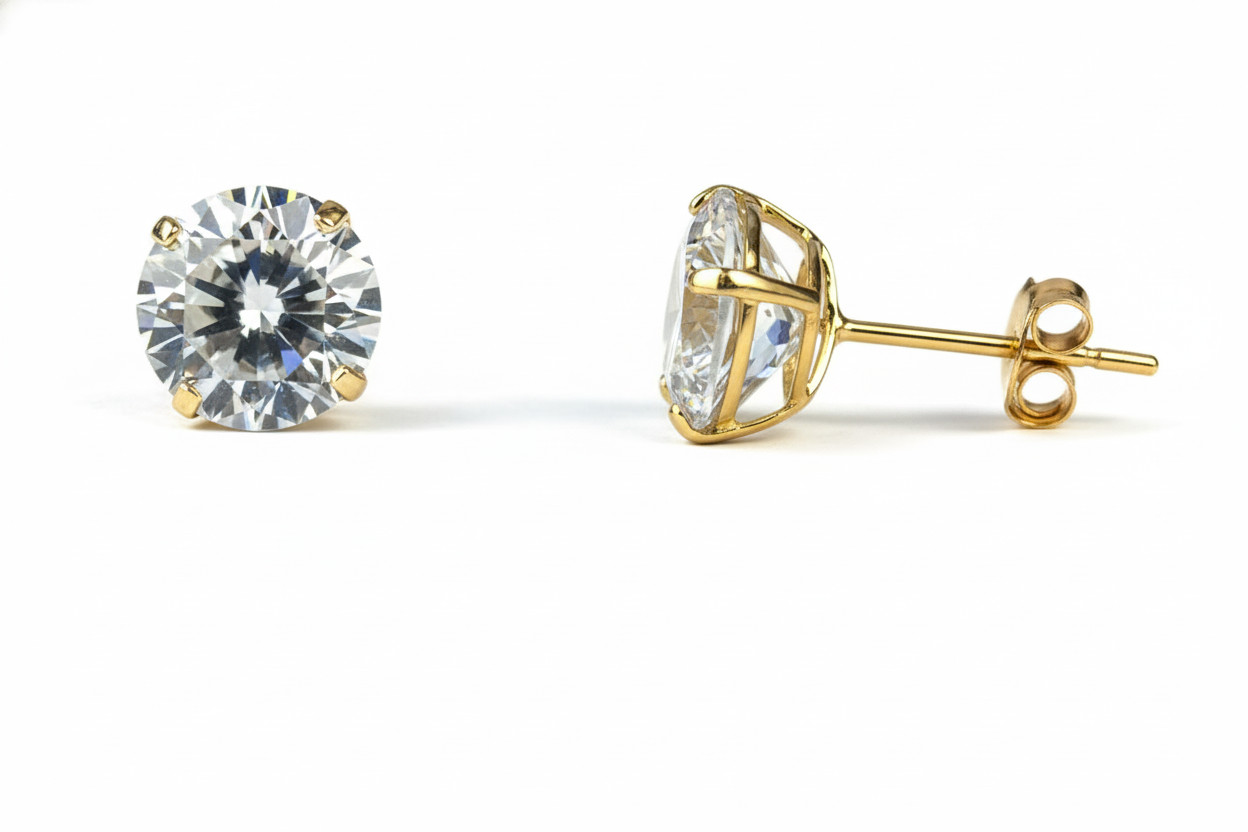 14K Solid Yellow/White Gold Round CZ Stud Earrings Basket Setting 2-10mm