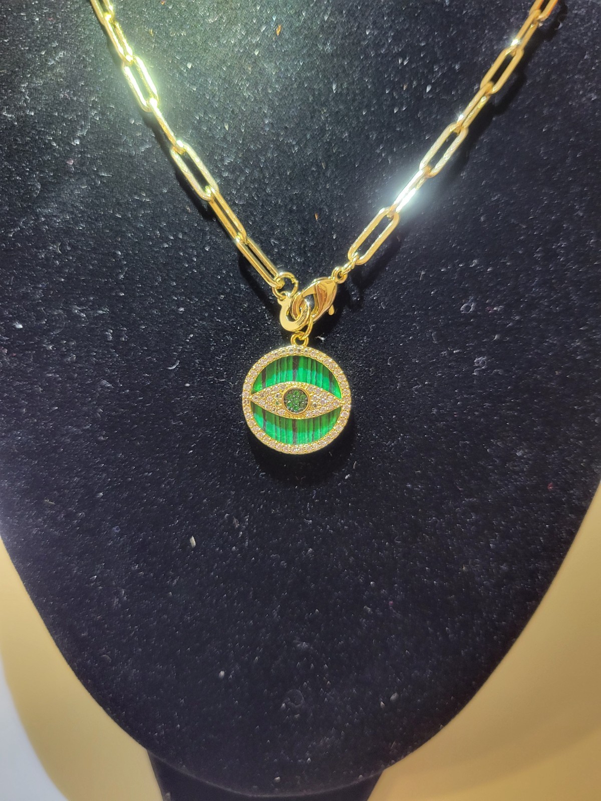 Gold Filled Evil Eye Medallion Paperclip Chain Charm Holder Necklace