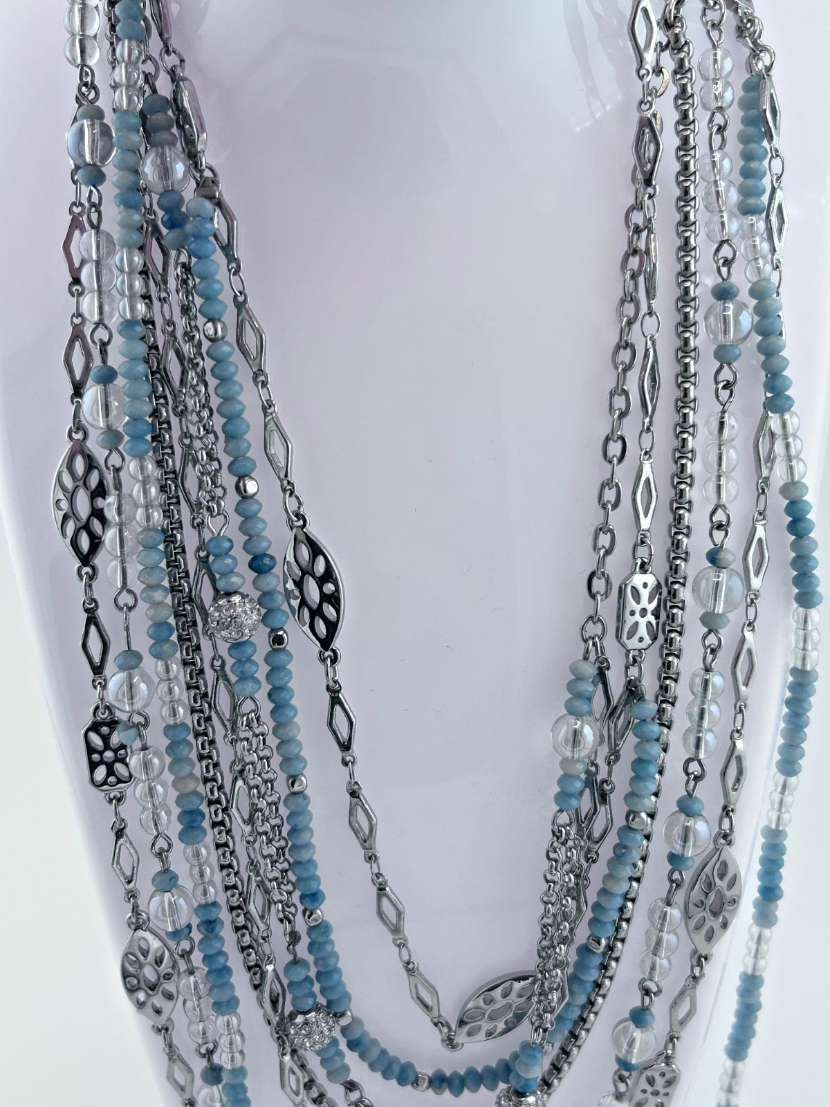 WHBM multi strand necklace. Pale Blue and icy-grey faceted seeds