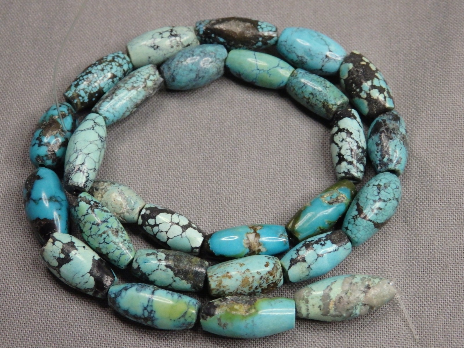 Vintage HUBEI TURQUOISE 12-16mm Long Rice Beads 15.5″ strand 150cts