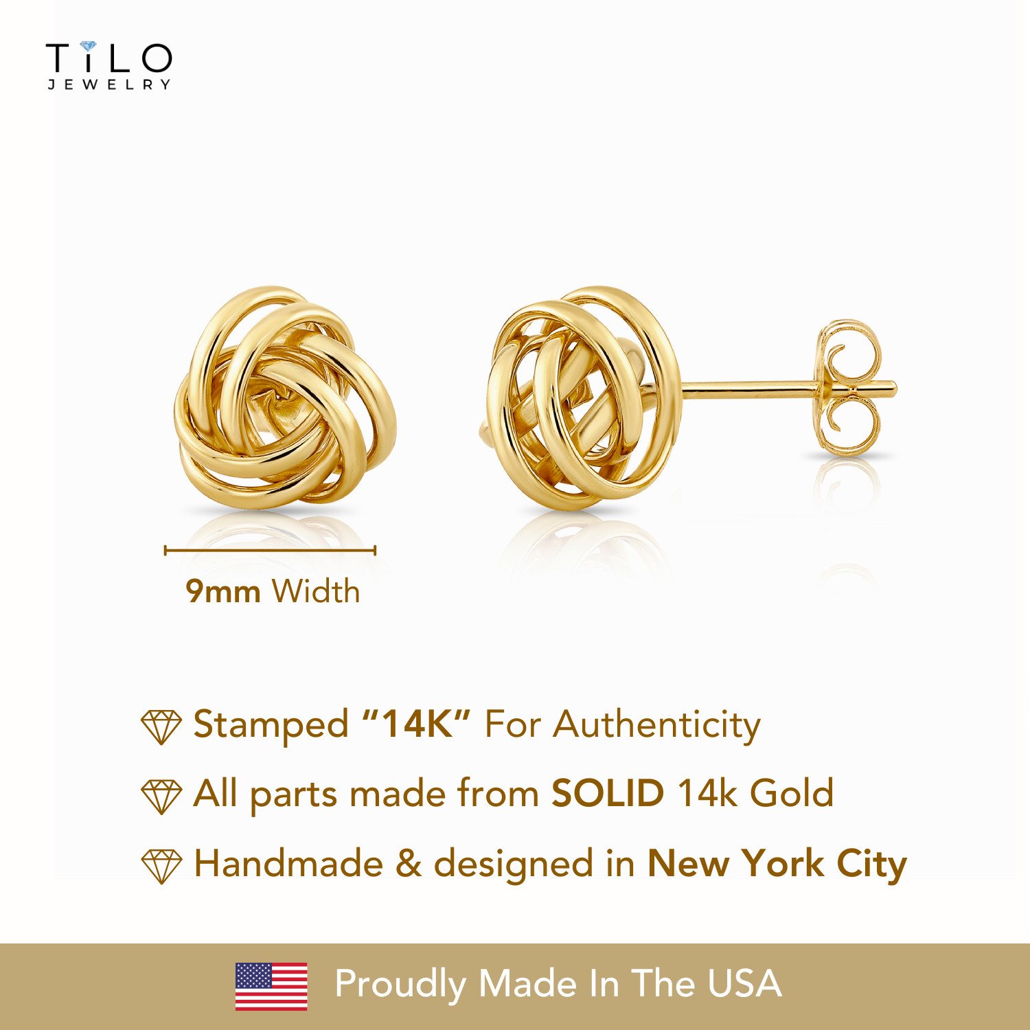 14K Real Solid Gold Polished Love Knot Sleeper Studs Earrings Push-back 9mm