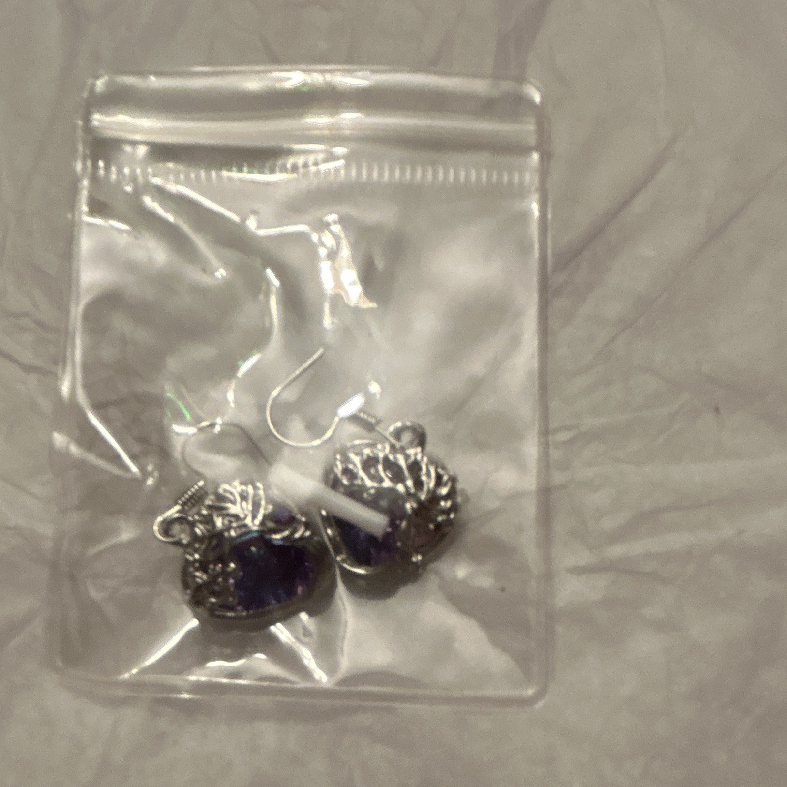 Iridescent Heart Crystal Dangle Drop Hook Earrings Silver Tone