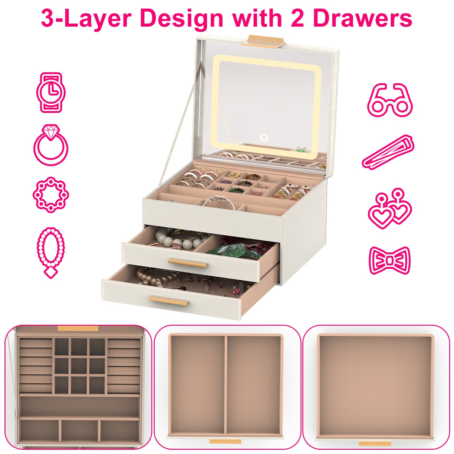 3‑Layer Jewelry Box with LED Mirror – PU Leather Organizer with Drawers for Ring