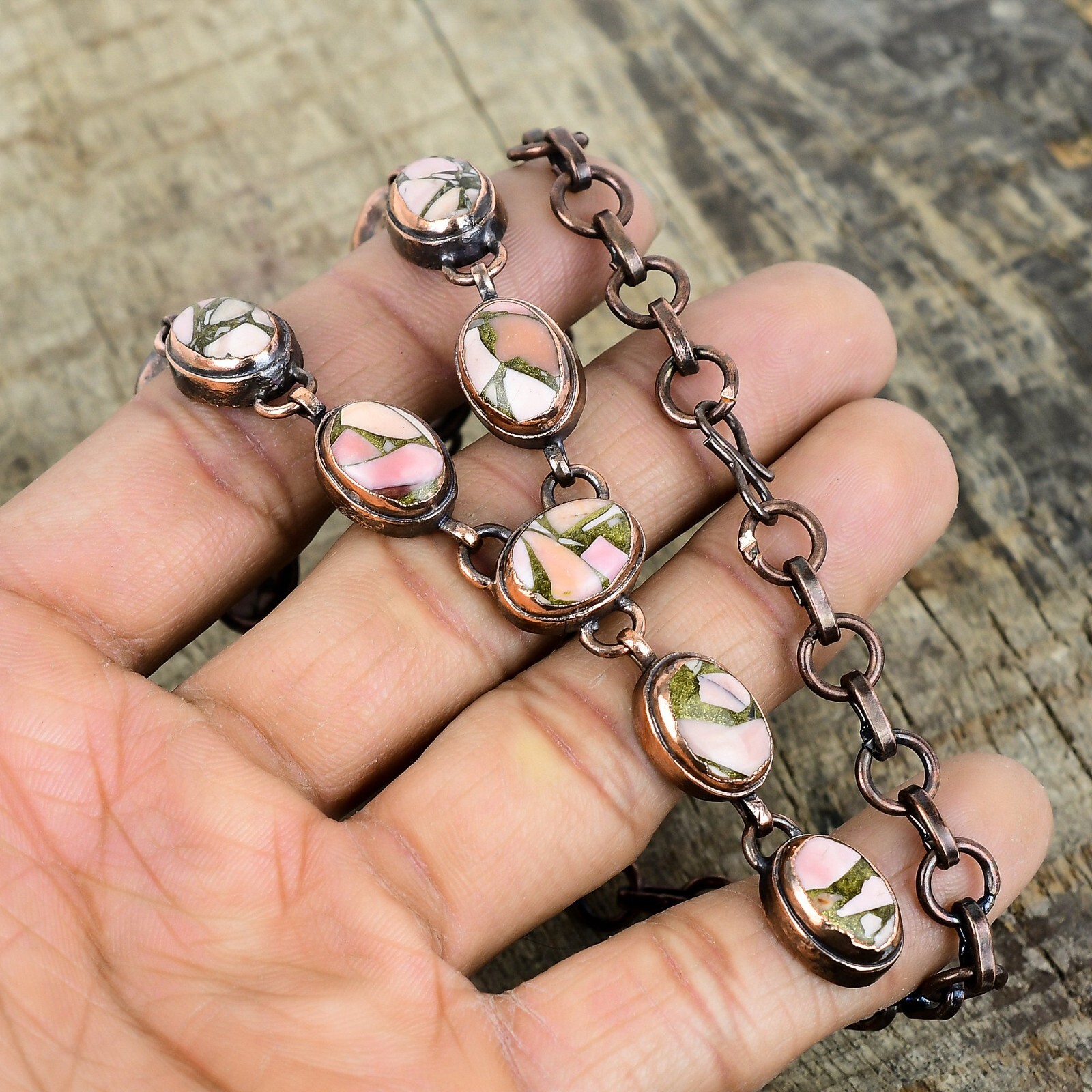 Oval Copper Pink Opal Gemstone Chain Electroformed Wife Necklace Jewelry Copper