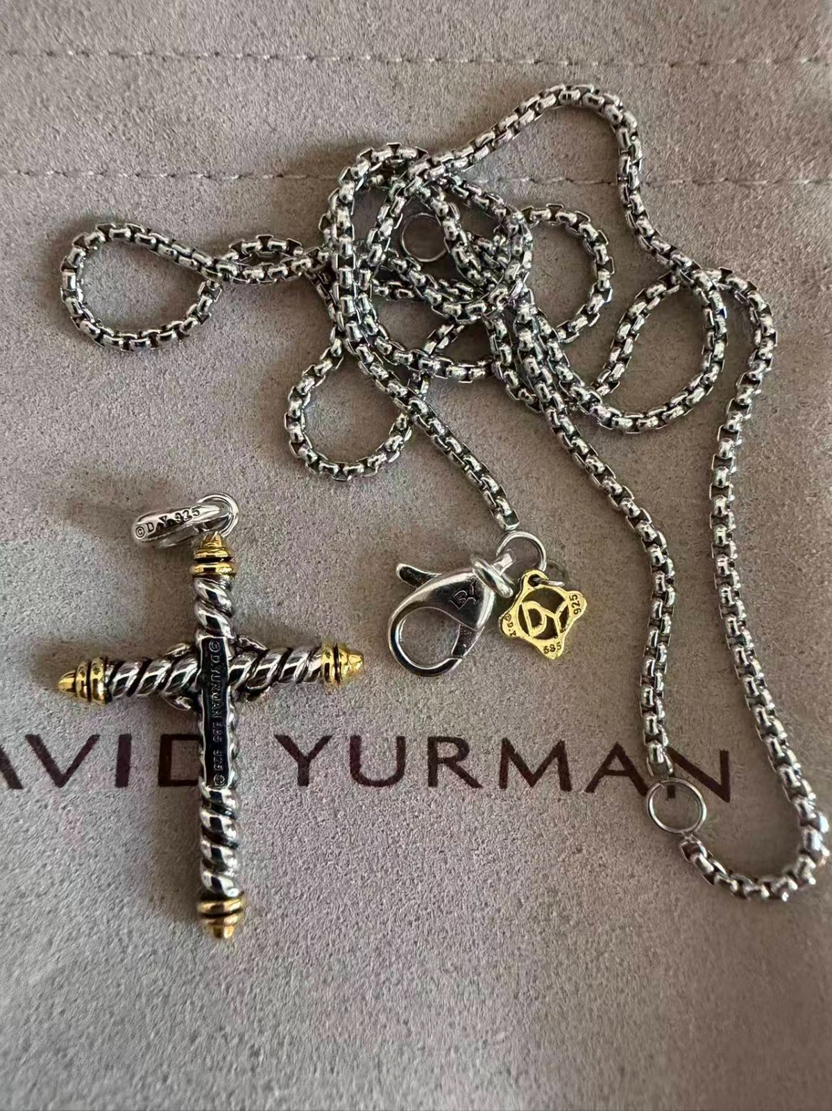 David Yurman 2mm Cable Cross Pendant Sterling Silver with 14K Yellow Gold 19.5″