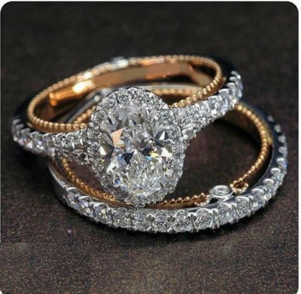 Vintage Style 4.0 Ctw Oval Cut Created Diamond Ring Set 14K Two Tone Gold Finish
