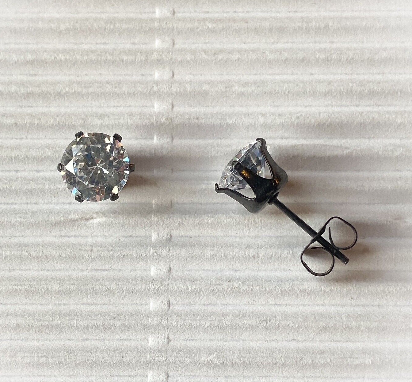 PAIR Black Ion Plated Stud Earrings Prong Set Round Clear Gem 316L Steel