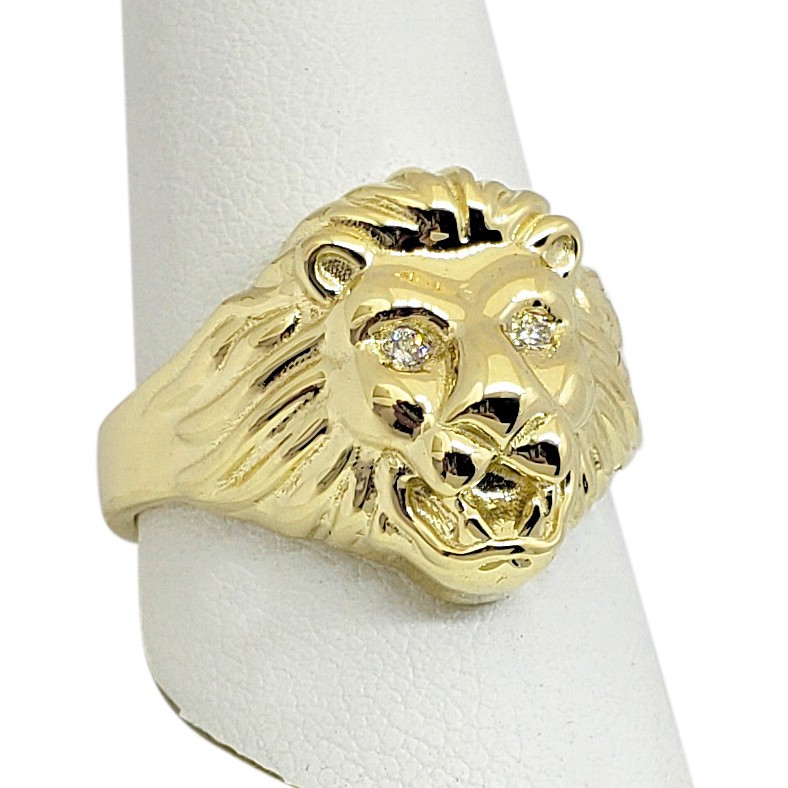 Solid 14K Yellow Gold Mens Lion Ring with Diamond Eyes Size 5 – 15