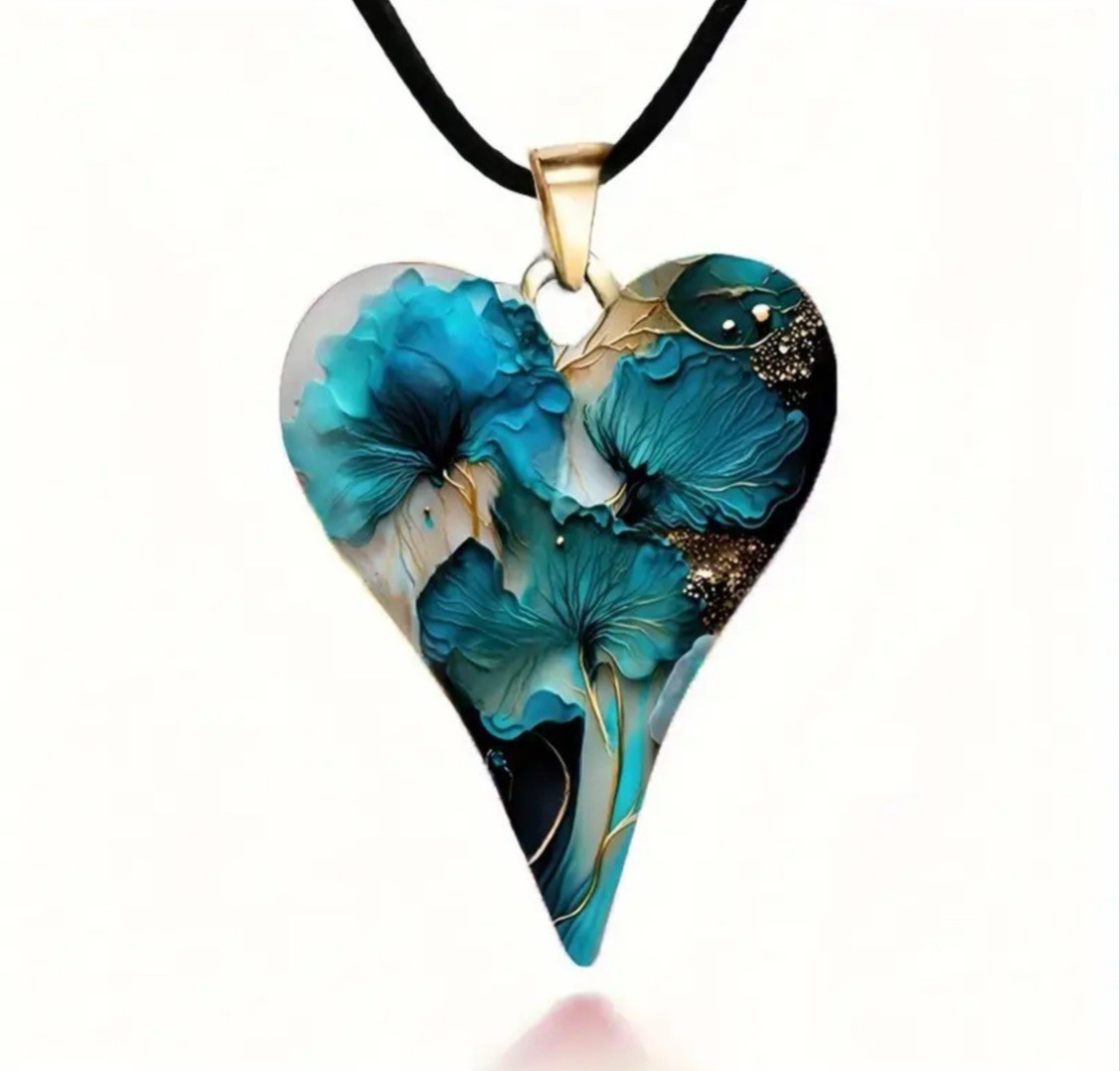 Elongated Heart Shaped Pendant Blue Iris Resin Inlay Golden Alloy 17″ Rope Chain