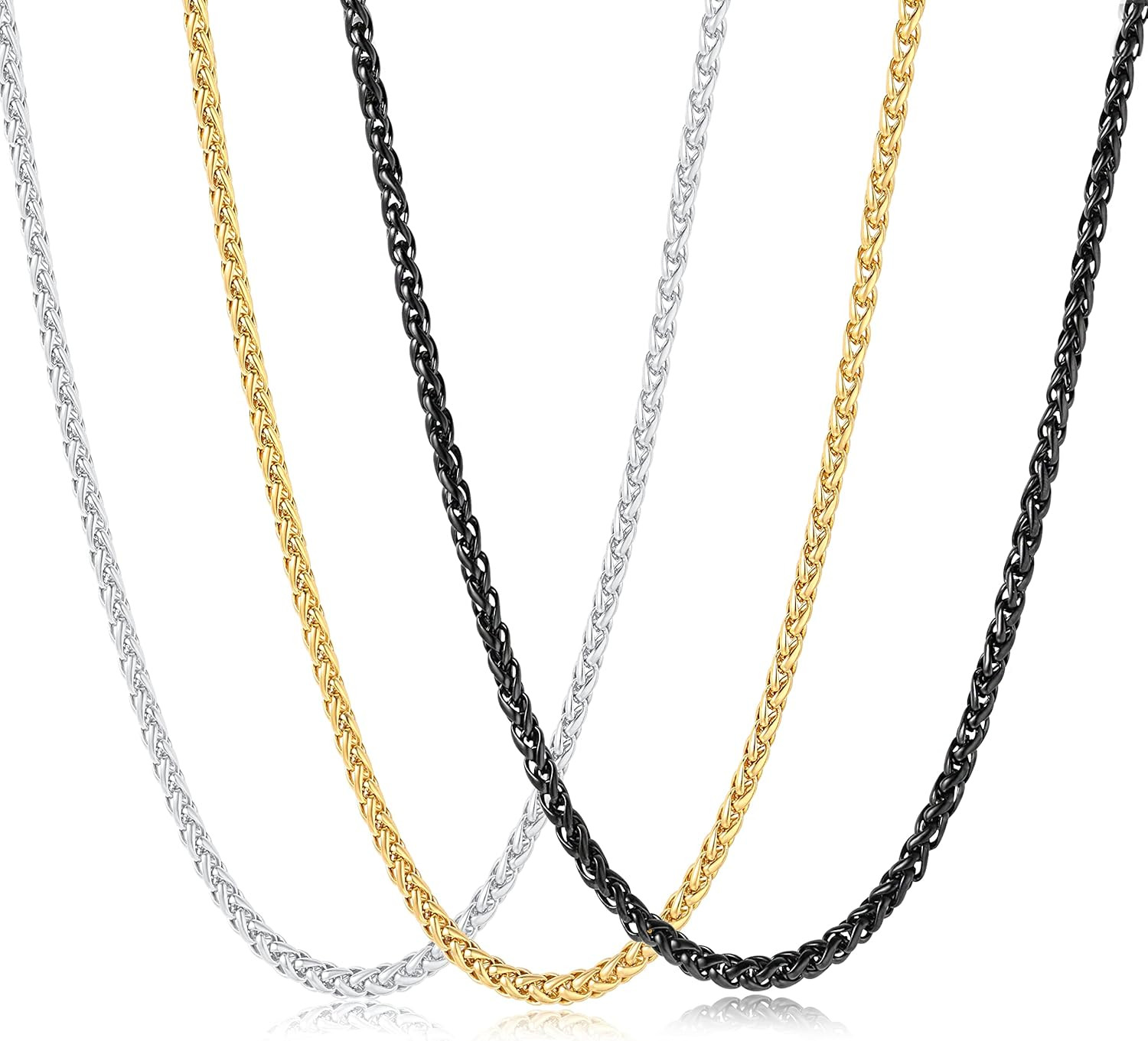 3 Pcs Chain Necklace for Men, 4Mm Stainless Steel Gold Black and Silver Wheat Ch