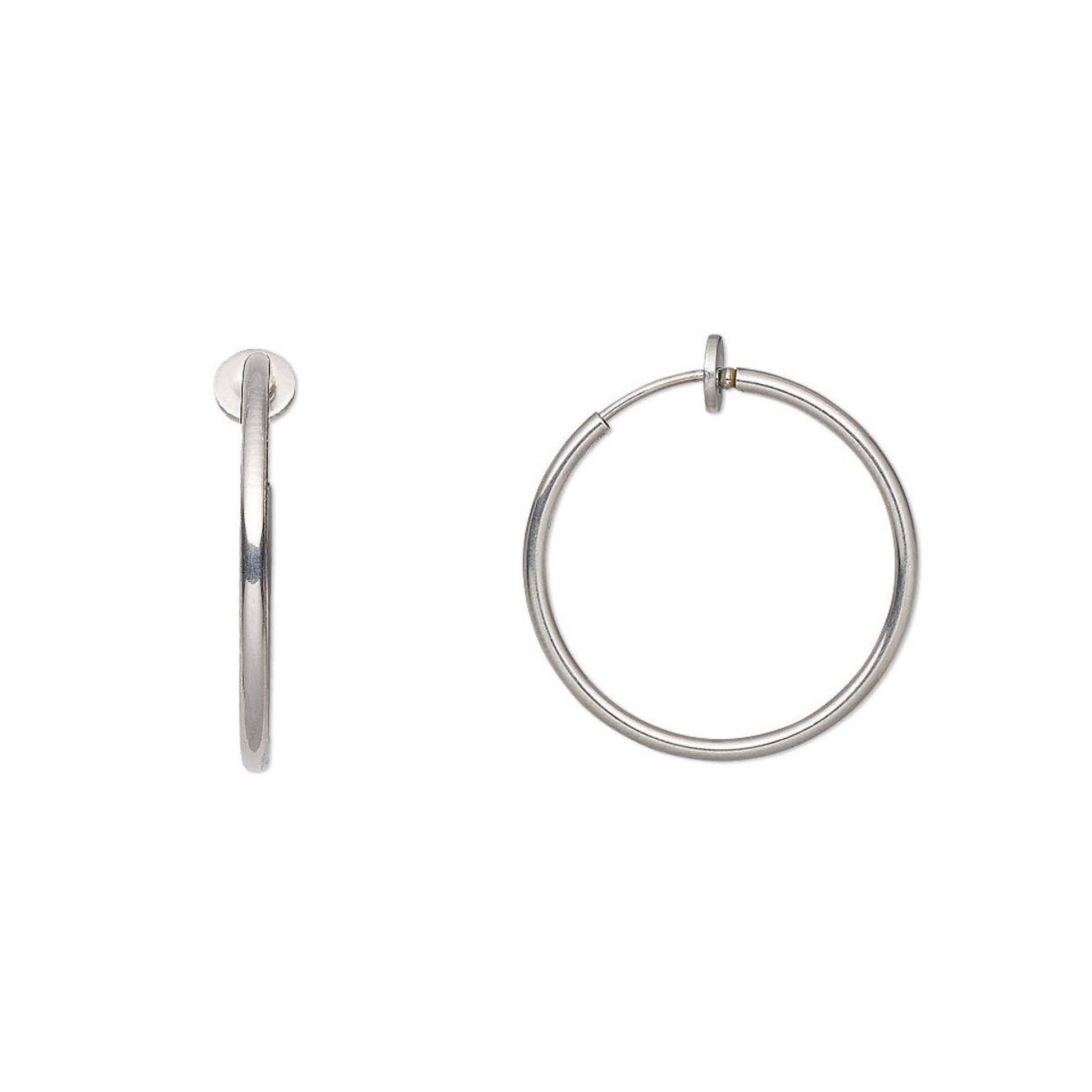 Pair of 1 inch Silver Surgical Stainless Steel Spring Clip on Fake Hoop Earrings