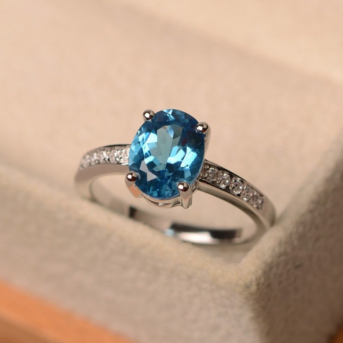 2CT Blue Topaz Oval Gemstone 925 Silver Plated Dainty Pave Ring Duty Free