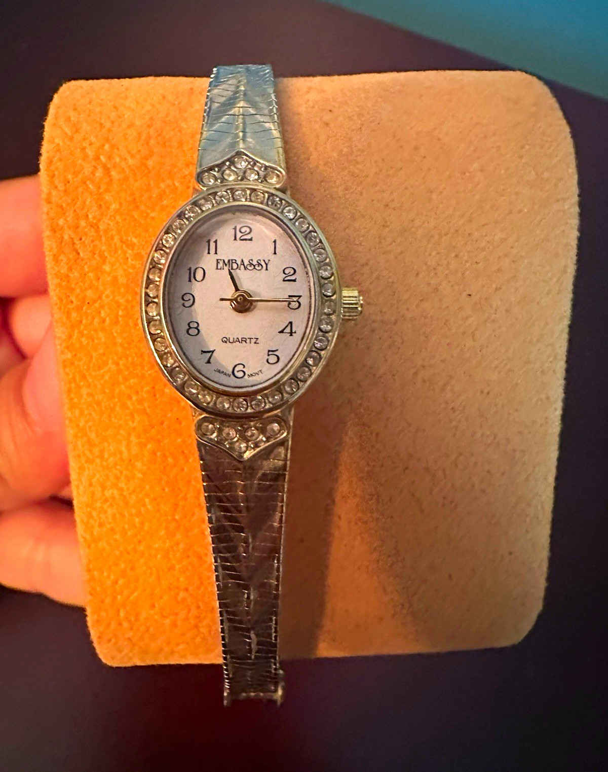 Embassy Women’s Quartz Analog Wristwatch Silver-Tone White Dial Gem-Set Bezel