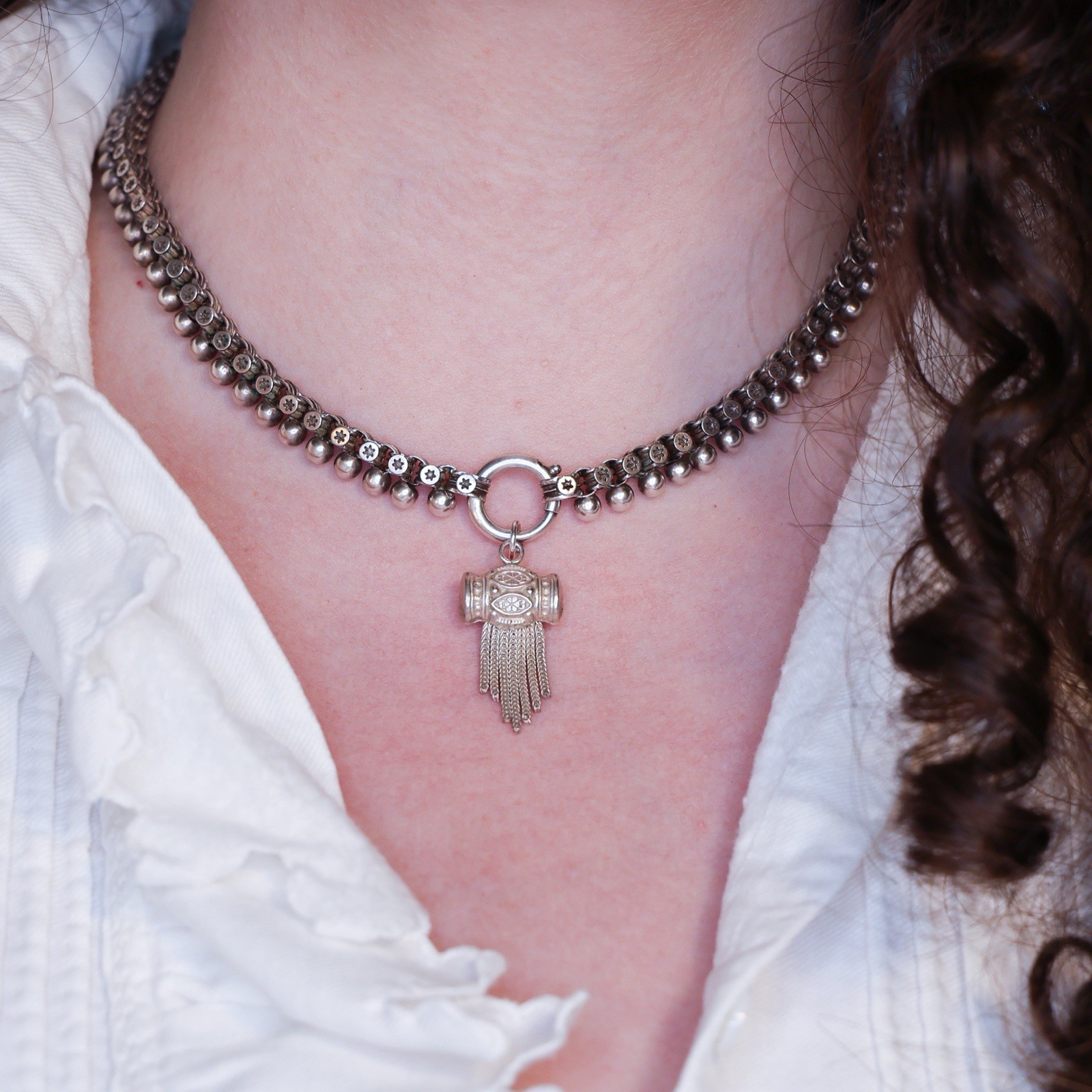 Antique French Puffy Tassel Charm Sterling Silver Die Struck Engraved Clover