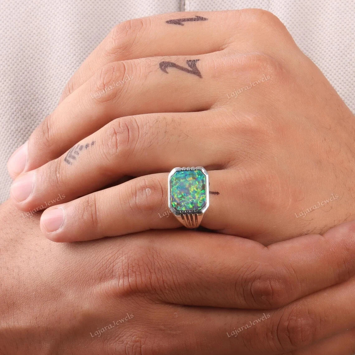 Rainbow Fire Opal Ring, 925 Sterling Silver Mens Signet Ring, Gift For Boyfriend