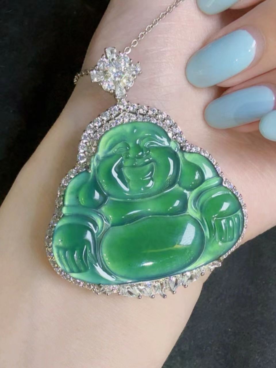 Top Natural sky blue jadeite Maitreya Buddha pendant