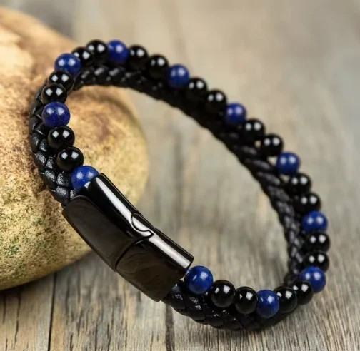 Natural Lapis Lazuli Obsidian 2 Strands Leather Reiki Strength Men Bracelet Gift