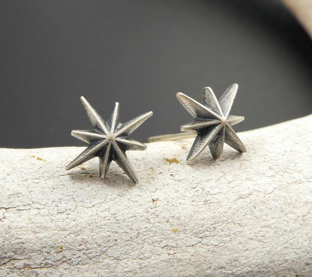 Sterling Silver Octagram Star Asterisk Starburst Tiny Small Stud Earrings Gothic