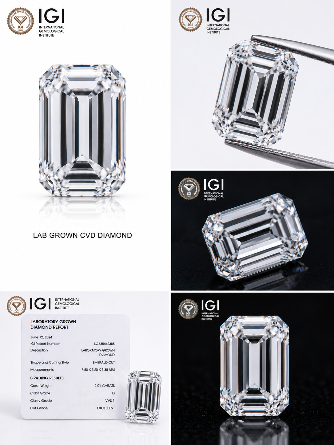1 Ct Emerald Cut IGI Certified Lab Grown CVD Diamond D Color VVS1